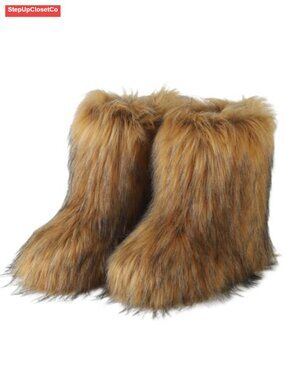 Faux Fur Mid-Calf Winter Boots Round Toe Fuzzy Flat Snow Shoes